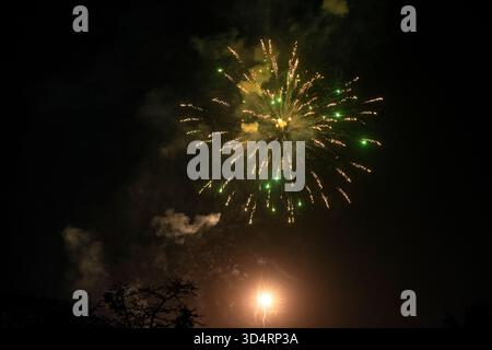 Fuochi d'artificio verde brillante esplodono nel cielo notturno durante una celebrazione Foto Stock