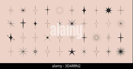 Set forma stelle. Icone futuristiche retrò. Simboli astratti di silhouette nero brillante. Illustrazione vettoriale Illustrazione Vettoriale