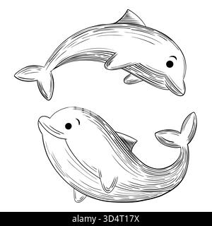 Un'affascinante serie di due illustrazioni vettoriali disegnate a mano in bianco e nero, con graziosi delfini in stile cartoni animati in pose gioiose. Questi disegni catturano il Illustrazione Vettoriale