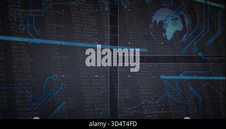 Visualizzazione dell'interfaccia con i pannelli di codice e delle tracce del circuito luminoso sulla griglia scura, con l'icona del globo Foto Stock