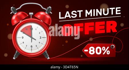 Sveglia rossa realistica con offerta last minute. Sconto a prezzo limitato. Promozione shopping. Quadrante dell'orologio. Secondi conto alla rovescia. Marketing di vendita. Affrettati Illustrazione Vettoriale