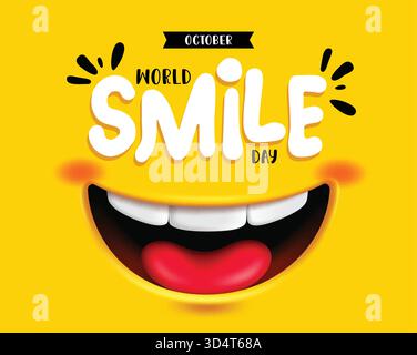 Design banner clipart World Smile Day. Clip art per biglietti d'auguri del giorno del sorriso mondiale per la celebrazione di ottobre con un viso sorridente e carino con emoji in giallo Illustrazione Vettoriale