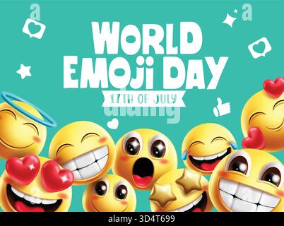 Design della clipart celebrativo della giornata mondiale Emoji. Clip art per biglietti d'auguri World emoji Day su sfondo verde con emoticon carina, felice, sorridente e simpatica Illustrazione Vettoriale