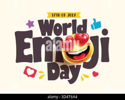 Design per striscioni clipart World Emoji Day. Emoji giorno 17 luglio cartolina di auguri clip art poster con simpatico personaggio emoticon per i volantini dei social media Illustrazione Vettoriale