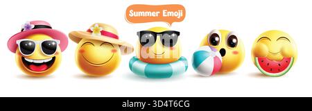 Set clipart dei personaggi estivi delle emoji. Clip art di personaggi in 3d con emoji estive con eleganti cappelli estivi, occhiali da sole, pallavolo da spiaggia, galleggianti e anguria Illustrazione Vettoriale