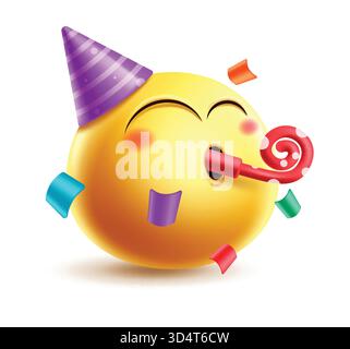 Design della clipart dei personaggi per il compleanno delle emoji. Emoji di compleanno con cappello da festa, fischio, coriandoli, elementi grafici 3d felici e sorridenti vettore emoticon Illustrazione Vettoriale