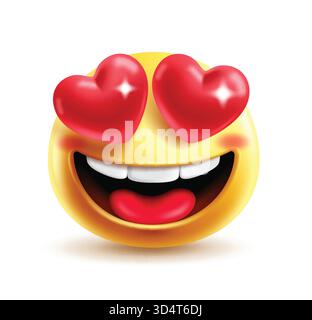 Emoji in Love character clipart. Emoji ama la clip art del viso con gli occhi del cuore, felice, sorridente ed eccitata espressione del viso per i social media di san valentino Illustrazione Vettoriale