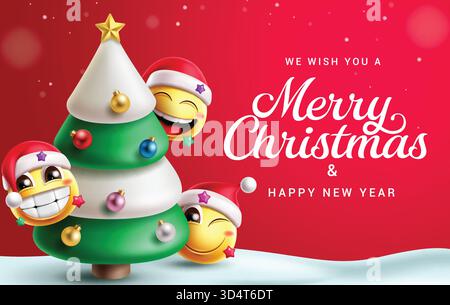 Design banner emoji natalizie clipart. Buon saluto natalizio e biglietto da auguri con personaggi emoji carini, felici, sorridenti, eccitati e risi Illustrazione Vettoriale