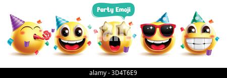 Set di appunti dei personaggi della festa di compleanno delle emoji. Clip art emoji di compleanno con cappello da festa, fischio, coriandoli, elementi grafici 3d felici e sorridenti Illustrazione Vettoriale