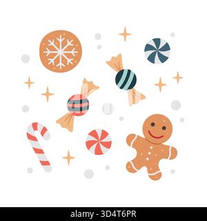 Dolci di Natale, caramelle, biscotti. Graziosa collezione di elementi decorativi natalizi. Vettore. Design piatto, stile cartoon. Illustrazione Vettoriale