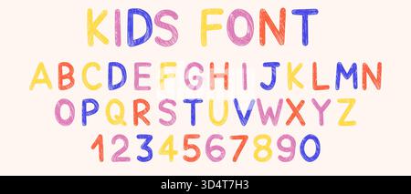 Font Crayon Kids con lettere alfabetiche scritte a mano. Trama a gesso e matita disegnata a mano Illustrazione Vettoriale