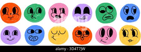 Volti emoji cartoni animati in stile pastello. Icone emoticon disegnate a mano con varie espressioni Illustrazione Vettoriale
