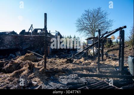 AGGIORNAMENTO: Lunzenau - Einfamilienhaus nach Brand komplett zerstört Großer Sachschaden, Brandursache unklar 06.11.2025 gegen 13 Uhr Lunzenau OT Klein Schlaisdorf, Feldstraße PM Polizeidirektion Chemnitz: Feuerwehr, Polizei und Rettungskräfte sind in der vergangenen Nacht in der Privatgrundstück auf inseinem Feldstraße zum Eatz gekommen. Nach dem derzeitigen Kenntnisstand War es aus noch ungeklärter Ursache in einem Nebengelass zum Brand gekommen, welcher sich in der Folge ausbreitete und auf ein angrenzendes Einfamilienhaus übergriff. Die beiden Bewohner 53/W, 53/m hatten sich selbstständig in SIC Foto Stock