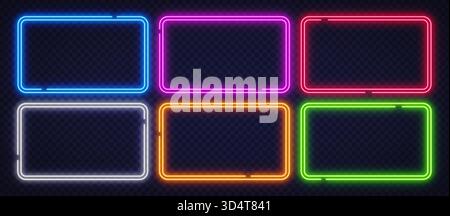 Set di colorate cornici al neon che si illuminano in blu, rosa, rosso, verde, arancione, e bianco. Design moderno e futuristico, perfetto per banner, annunci pubblicitari e creativi Illustrazione Vettoriale