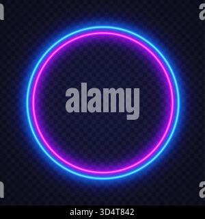 Luminoso cerchio al neon che si illumina di rosa e blu su sfondo trasparente. Cornice luminosa futuristica perfetta per banner, poster digitali e design tecnologici Illustrazione Vettoriale