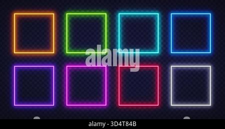 Set di cornici quadrate al neon brillanti con colori brillanti su sfondo trasparente. Design moderno e futuristico, perfetto per interfacce digitali, annunci, o. Illustrazione Vettoriale