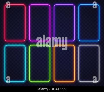 Set di cornici verticali al neon brillanti con colori brillanti su sfondo trasparente. Eleganti bordi luminosi, perfetti per poster, striscioni o futuristici Illustrazione Vettoriale