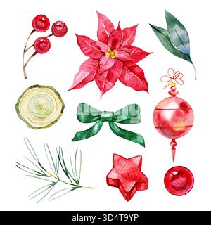 Set clipart acquerelli con decorazioni natalizie poinsettia, nastri, ornamenti, bacche, pini, e fetta di legno. Ideale per biglietti di auguri e per l'imballaggio Foto Stock