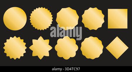 Set di adesivi dorati di varie forme. Brillanti badge geometrici natalizi per tag, cartellini dei prezzi, spille ed etichette. Elementi vettoriali, clip art Illustrazione Vettoriale