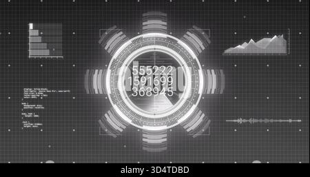 Visualizzazione dell'HUD circolare centrale con tre letture numeriche su griglia scura, alette radiali e grafici Foto Stock