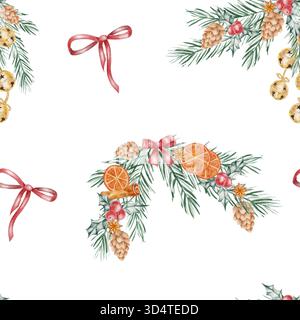 Motivo con nastri, arance e foglie di pino, dipinto con illustrazioni dettagliate ad acquerello, ideale per carta da imballaggio natalizia, design artigianale, confezioni di prodotti e carte stampabili. Foto Stock