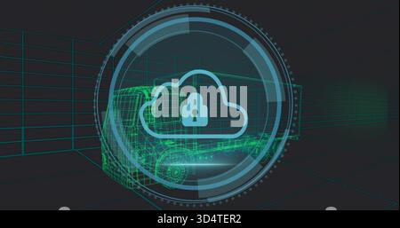 Visualizzazione del blocco centrale nuvola all'interno dell'HUD circolare nella griglia 3D, visualizzazione del carrello a reticolo verde neon Foto Stock