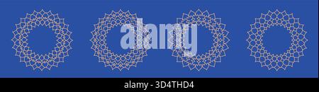 Elegante linea a reticolo con cornice solare rotonda, mandala, stile indiano. L'oro geometrico delinea elementi di design vettoriale orientale arabo ornamentale. Illustrazione Vettoriale