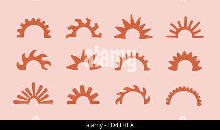 Moderna silhouette solare astratta disegnata a mano per logo, badge e design di carte. Tramonto vintage in stile hippie, elemento vettoriale dell'alba. Illustrazione Vettoriale