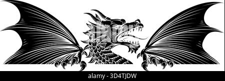 Logo Dragon Sign Banner, design in legno d'epoca medievale Illustrazione Vettoriale