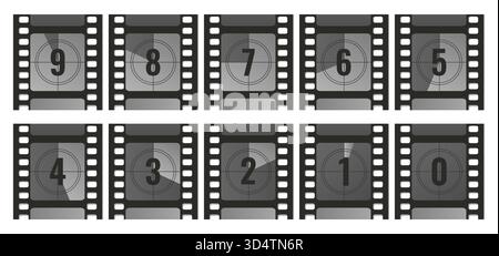Collezione di contatori timer cinema retrò. Telai per strisce di pellicola con conto alla rovescia con numeri. Da 9 a 0. Illustrazione vettoriale Illustrazione Vettoriale
