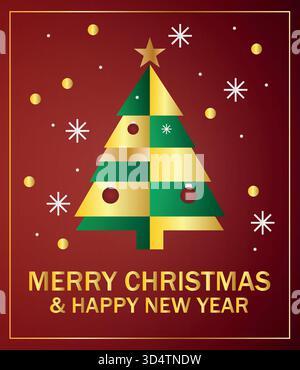 Elegante saluto natalizio con un moderno albero di Natale verde e oro in una sfumatura rossa Illustrazione Vettoriale