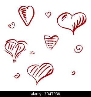 Semplici spaghetti a forma di cuore minimalista con riempimento a righe e forme a spirale. L'inchiostro vettoriale e i singoli elementi della penna mostrano l'illustrazione. Saluto di San Valentino Illustrazione Vettoriale