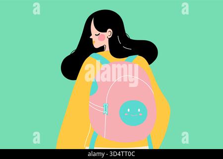 Ragazza con lunghi capelli neri che indossa un maglione giallo e uno zaino rosa su sfondo verde brillante Illustrazione Vettoriale