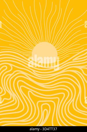Sole giallo astratto con linee luminose ondulate che ricordano i raggi e i motivi fluenti sullo sfondo Illustrazione Vettoriale