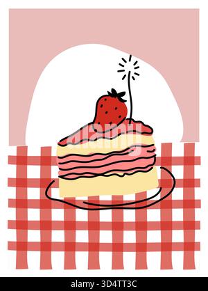 Semplice disegno della torta alle fragole con strati rossi su uno sfondo di tovaglia a scacchi Illustrazione Vettoriale