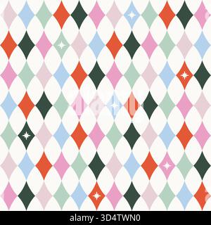 Rombo di Harlequin, motivo natalizio senza cuciture con piccole stelle. Carta da parati per le feste con colori caramellati verticali, texture da regalo Illustrazione Vettoriale