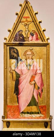 Santo Stefano, Cusp: Crocifissione con la Vergine e San Giovanni Evangelista, Tempera su pannello di legno, 1400-1405, SPINELLO DI LUCA detto SPINELLO ARETINO (Arezzo, 1350 ca. - Firenze, 1411), Galleria dell'Accademia, Firenze, Firenze, Toscana, Italia. Foto Stock