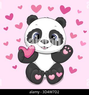 Carino cartone animato Panda con i cuori. Illustrazione vettoriale di un animale su sfondo rosa con cuori. Illustrazione Vettoriale