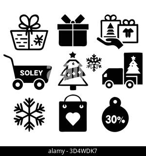 Set di icone monocromatiche nere con simboli per lo shopping e regali di Natale 30, da scatole, etichette e carrelli ai camion di consegna, ideale per l'e-commerce, il marketing e l'holi Illustrazione Vettoriale