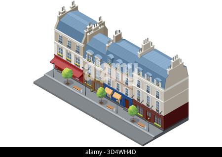 Old European City Street. Illustrazione isometrica di una vecchia strada europea con edifici colorati, negozi, caffetterie, alberi e panchine in una Illustrazione Vettoriale