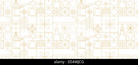 Motivo natalizio senza cuciture con icone della linea oro, sfondo natalizio, motivi decorativi minimalisti dorati, carta da parati per festeggiare il nuovo anno Illustrazione Vettoriale