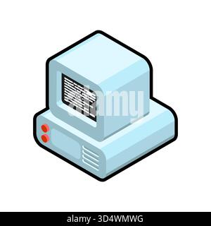 Unità personal computer d'epoca in stile isometrico 3D piatto. Rappresenta una vecchia torre di processore, una tecnologia retrò e una storia di computing. Illustrazione Vettoriale