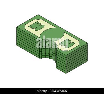 Una pila di banconote in dollari USA con un morso. Simboleggia la perdita di profitti, l'opportunità finanziaria persa o l'ammortamento delle attività in uno stile 3D flat Illustrazione Vettoriale