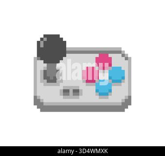 Pixel art di un semplice controller di videogiochi rétro (gamepad). Rappresenta la nostalgia del gaming, l'intrattenimento elettronico o i dispositivi rétro a 8 bit/16 bit Illustrazione Vettoriale