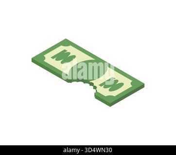 Banconote in dollari STATUNITENSI con un evidente morso, che simboleggiano la perdita di profitti, danni finanziari o deduzione fiscale. Illustrazione vettoriale isometrica Illustrazione Vettoriale