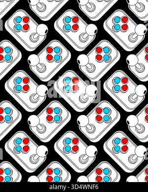 Pattern senza interruzioni con controller per videogiochi retrò caratterizzati da un contorno bianco e ombre su sfondo nero. Design per accessori di gioco, merchan Illustrazione Vettoriale