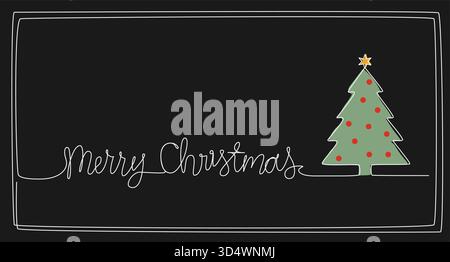 Disegno continuo dell'albero di natale e parole scritte a mano BUON NATALE, illustrazione vettoriale della linea Christmas Card Illustrazione Vettoriale
