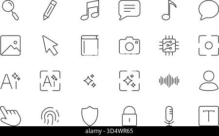 Set di icone di comunicazione. Digital Media, Security, User Interface Outline e silhouette Symbol Collection. Tecnologia ed elementi di interazione Illustrazione Vettoriale