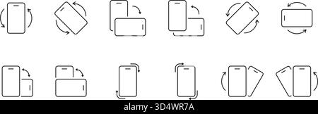 Set di icone della linea di rotazione del telefono cellulare. L'orientamento dello smartphone cambia con le frecce raccolta simboli contorno disegno linee. Tratto modificabile. Isolato Illustrazione Vettoriale