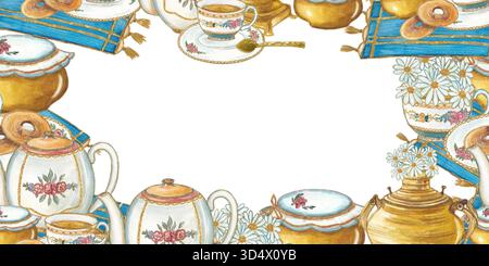 Illustrazione ad acquerello di un tradizionale set da tè russo con samovar, teiera, tazze e dolci. Elementi vintage dipinti a mano, perfetti per il confezionamento, Foto Stock